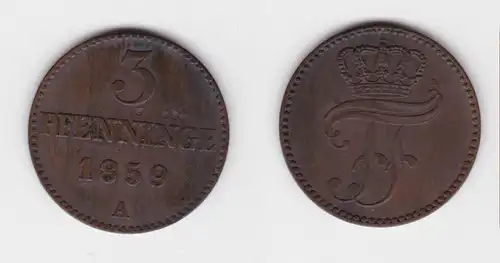 3 Pfennig Kupfer Münze Mecklenburg Schwerin 1859 A f.vz (151152)
