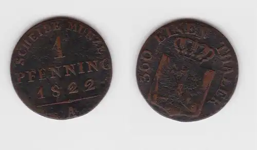 1 Pfennig Bronze Münze Preussen 1822 A  f.ss (151365)