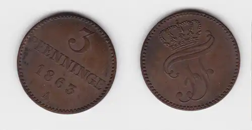 3 Pfennig Kupfer Münze Mecklenburg Schwerin 1863 A ss+ (150983)