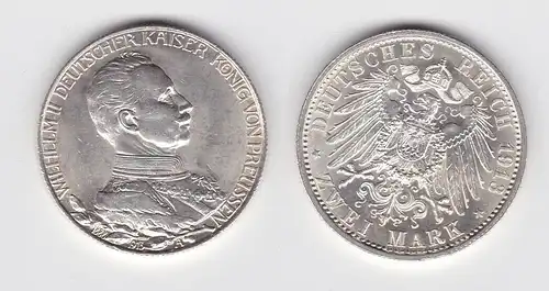 2 Mark Silbermünze Preussen Kaiser in Uniform 1913 Jäger 111 vz+ (144974)