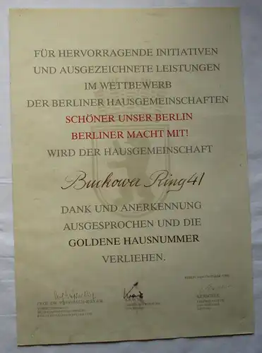 DDR Urkunde Verleihung Goldene Hausnummer Buckower Ring 41 Berlin (163796)