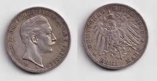 3 Mark Silbermünze Preussen Kaiser Wilhelm II 1908 A Jäger 103 ss (150931)
