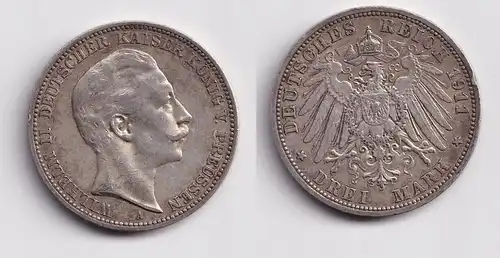 3 Mark Silbermünze Preussen Kaiser Wilhelm II 1911 A Jäger 103 ss (155645)