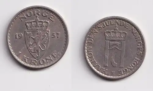 1 Krone Kupfer Nickel Münze Norwegen 1957 ss+ (150673)