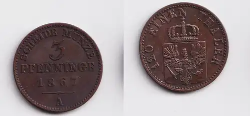 3 Pfennige Kupfer Münze Preussen 1867 A f.vz (154408)
