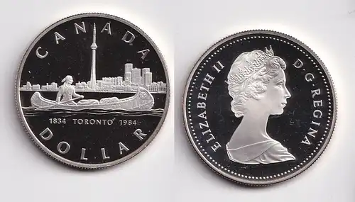 1 Dollar Silber Münze Canada Kanada Toronto Kanu vor Skyline 1984 (153190)