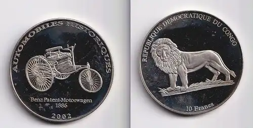10 Francs Münze Kongo Congo 2002 Benz Patent Motorwagen 1886 Stgl.(158556)