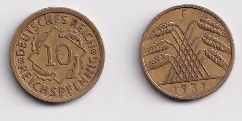 10 Reichspfennig Messing Münze Deutsches Reich 1931 F, Jäger 317 (150684)