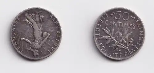 50 Centimes Silber Münze Frankreich 1916 ss+ (144650)