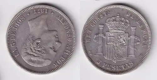 5 Pesetas Silber Münze Spanien Alfonso XII 1877 f.vz (157746)