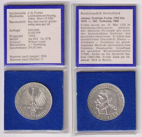 5 Mark Silber Münze Deutschland Johann Gottlieb Fichte 1964 J Stgl. (159896)