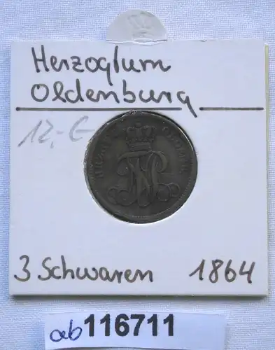 3 Schwaren Kupfer Münze Oldenburg Nicolaus Friedrich Peter 1864 (116711)