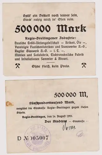 500000 Mark Banknote Regis Breitingener Industrie 16.8.1923 (120904)