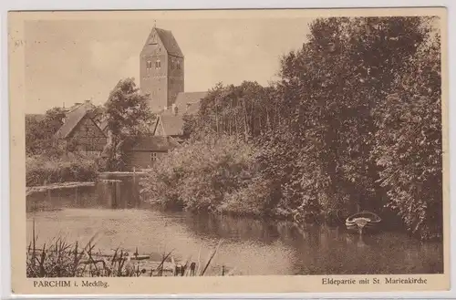 903751 Ak Parchim in Mecklb. - Eldepartie mit St. Marienkirche 1929