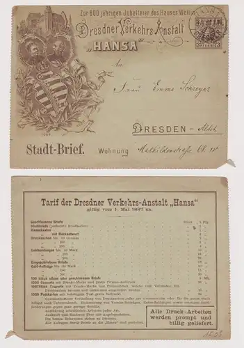 96791 Privatpost Ganzsachen Werbebrief Privat Brief Verkehr "Hansa" Dresden 1889