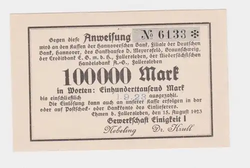 100000 Mark Banknote Ehmen bei Fallersleben Gewerkschaft Einigkeit 1923 (164120)