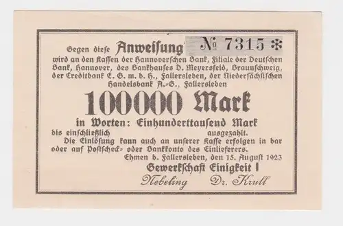 100000 Mark Banknote Ehmen bei Fallersleben Gewerkschaft Einigkeit 1923 (163988)