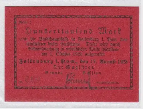 1 Million Mark Banknote Stadt Falkenburg Złocieniec in Pommern 17.8.1923(164030)