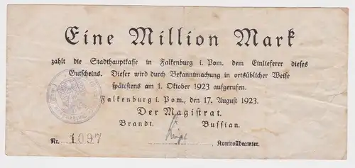 1 Million Mark Banknote Stadt Falkenburg Złocieniec in Pommern 17.8.1923(164030)