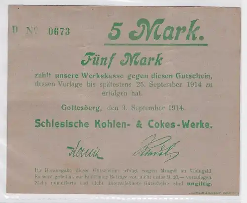 5 Mark Banknote Gotteberg in Schlesien Kohlenwerke 09.09.1914 (164290)