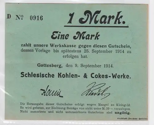 1 Mark Banknote Gotteberg in Schlesien Kohlenwerke 09.09.1914 (164281)
