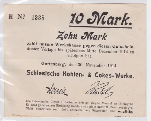 10 Mark Banknote Gotteberg in Schlesien Kohlenwerke 30.11.1914 (164019)