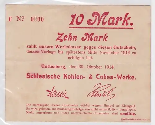 10 Mark Banknote Gotteberg in Schlesien Kohlenwerke 30.10.1914 (164260)