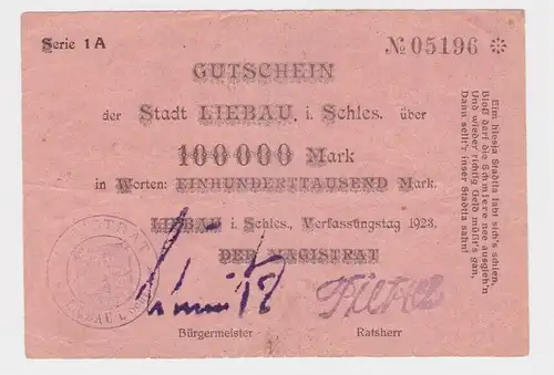 100000 Mark Banknote Inflation Stadt Liebau in Schlesien 1923 (164243)