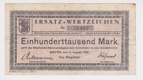 100000 Mark Banknote städt.Kämmereikasse Stettin 11.08.1923 (164343)