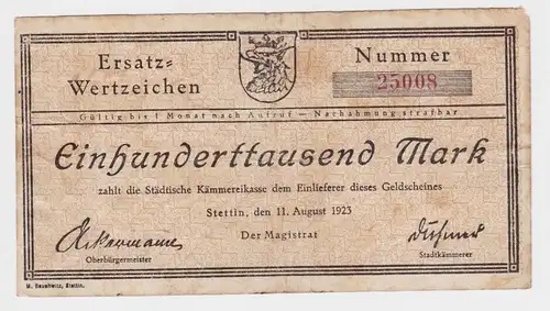 100000 Mark Banknote städt.Kämmereikasse Stettin 11.08.1923 (164246)