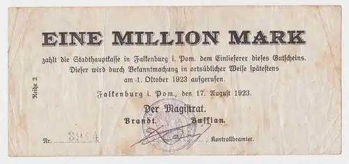 1 Million Mark Banknote Stadt Falkenburg Złocieniec in Pommern 17.8.1923(164250)