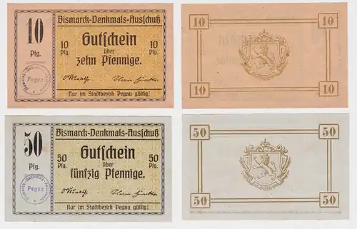 10 & 50 Pfennig Banknoten Notgeld Bismarck Denkmals Ausschuß Pegau (164361)