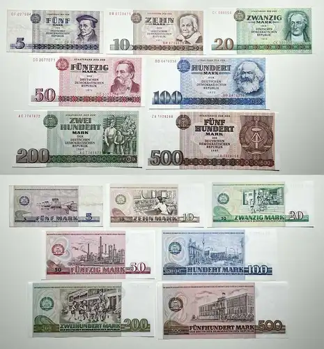 Banknoten 5 bis 500 Mark DDR 1971-85 fast kassenfrisch UNC (155286)