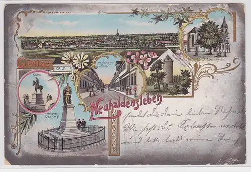 47808 Ak Lithographie Gruß aus Neuhaldensleben Kriegerdenkmal usw. 1902