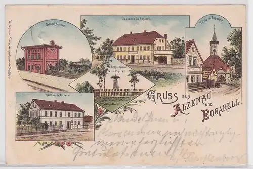 15383 Ak Lithographie Gruß aus Alzenau und Bogarell Bahnhof, Gasthaus usw. 1898