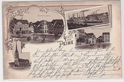58686 Ak Lithographie Gruß aus Peine Bahnhofstrasse, Marktplatz usw. 1899