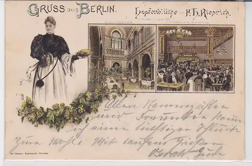 46541 Ak Lithographie Gruß aus Berlin Restaurant Hopfenblüte 1897