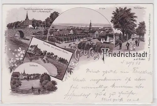 48361 Ak Lithographie Gruß aus Friedrichstadt an der Eider Schleuse usw. 1898