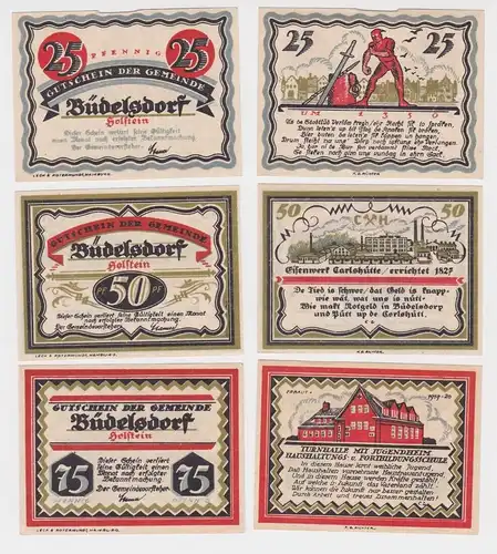 25, 50 & 75 Pfennig Banknoten Notgeld Gemeinde Büdelsdorf 1921 (157652)