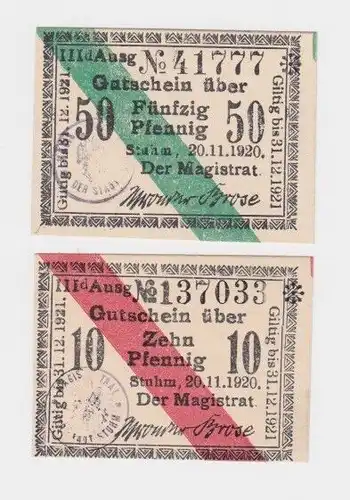 10 &  50 Pfennig Banknoten Notgeld Stadt Stuhm Sztum 1920 (155130)