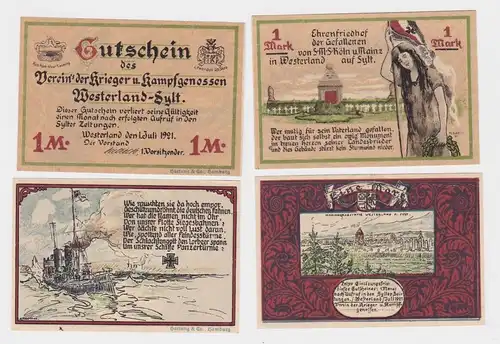 2 x 1 Mark Banknote Notgeld Westerland auf Sylt Verein der Krieger 1921 (157686)