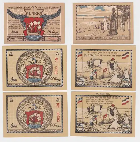 1 und 2 x 5 Mark Banknoten Notgeld Stadt Wyk auf Föhr 1920 (156455)