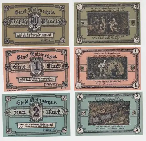 50 Pf, 1 & 2 Mark Banknoten Notgeld Stadt Wattenscheid 1921  (152932)