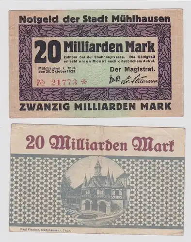 20 Milliarden Mark Banknote Inflation Stadt Mühlhausen 20.10.1923 (148899)