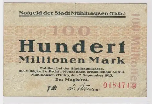 100 Millionen Mark Banknote Inflation Stadt Mühlhausen 7.9.1923 (147022)