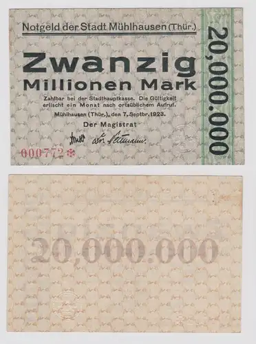 20 Millionen Mark Banknote Inflation Stadt Mühlhausen 7.9.1923 (144504)