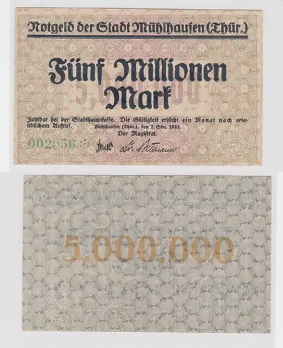 5 Millionen Mark Banknote Inflation Stadt Mühlhausen 7.9.1923 (145504)
