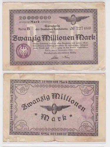 20 Millionen Mark Banknote Reichsbahndirektion Köln 2.9.1923 (137194)
