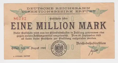 1 Million Mark Banknote Reichsbahndirektion Erfurt 12.8.1923  (136016)