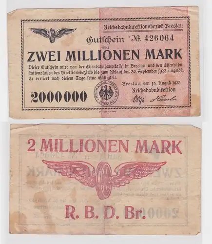 2 Millionen Mark Banknote Breslau Reichsbahndirektion 15.8.1923 (131767)